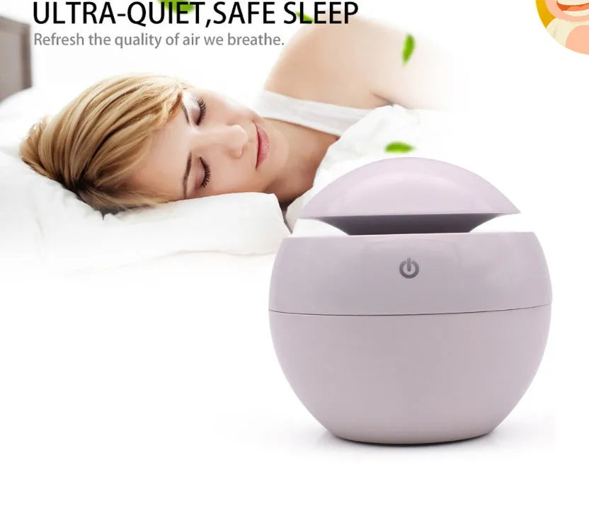 White USB ultrasonic atomiser humidifier with 130ml water tank measuring 110x110x95mm