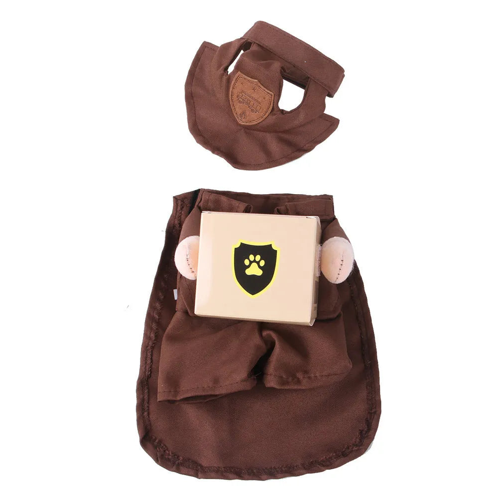 Coffee brown courier-themed dog shirt on pet showing humorous standing design and polyester fabric