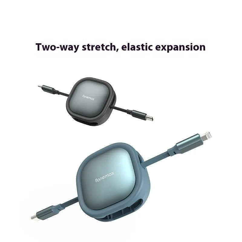 Black telescopic Lightning charging cable with aluminium alloy connector, extended to full length on a white desk