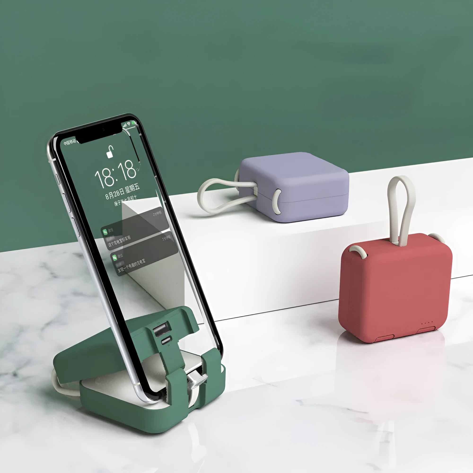 Handbag clip-on power bank in blue showing USB-A, Type-C and Lightning ports and built-in phone stand