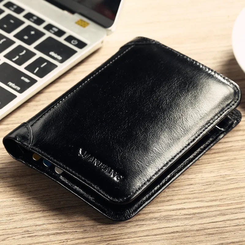 Men's black full-grain leather bifold wallet showing open interior with card slots and an exterior zippered coin pouch.