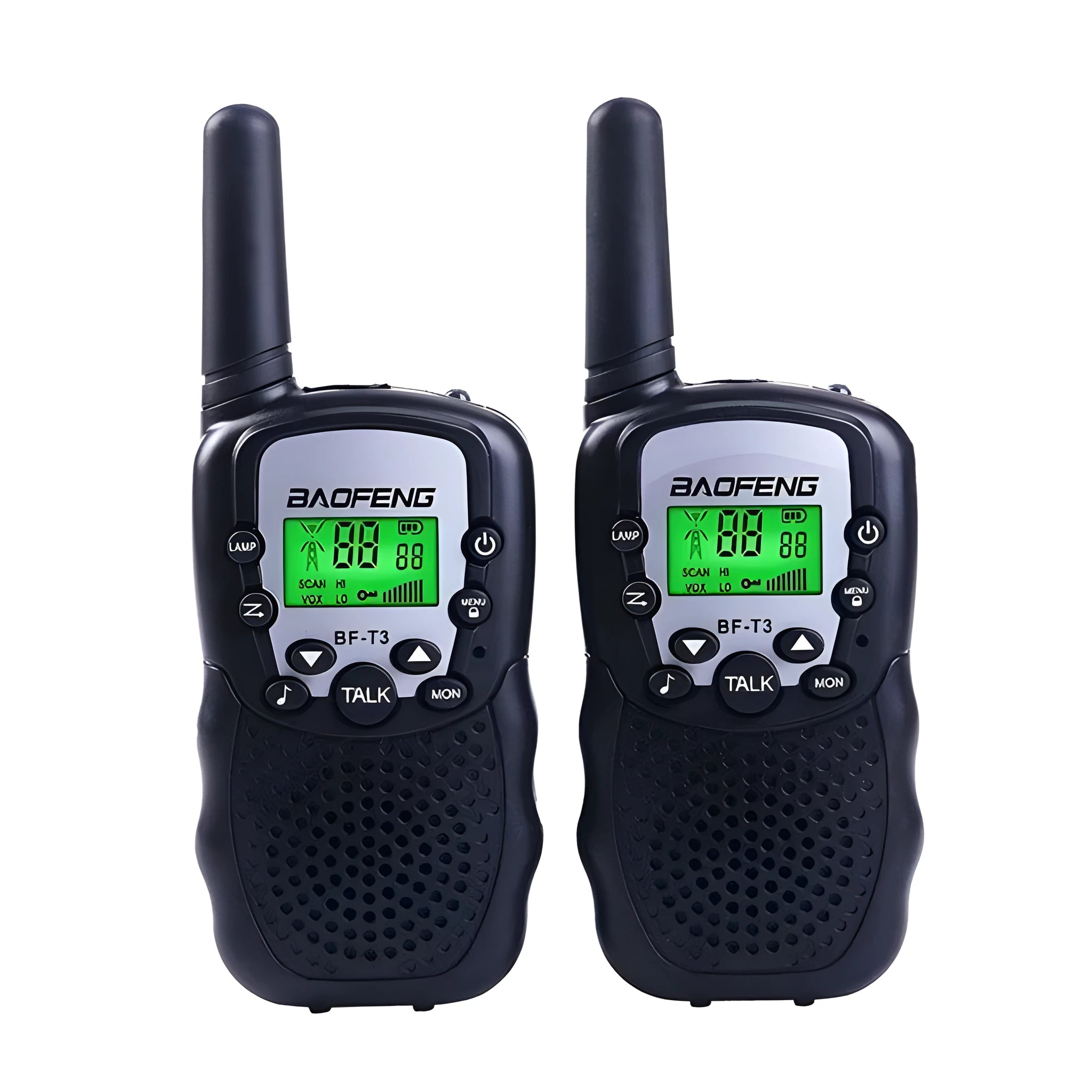 Child holding colourful walkie talkie with 22-channel display and push-to-talk button