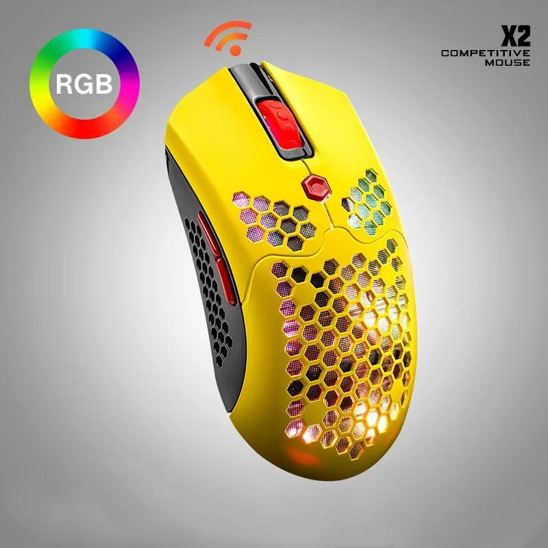Free Wolf X2 wireless gaming mouse in black with RGB lighting lit, shown next to its USB-C cable and nano receiver.