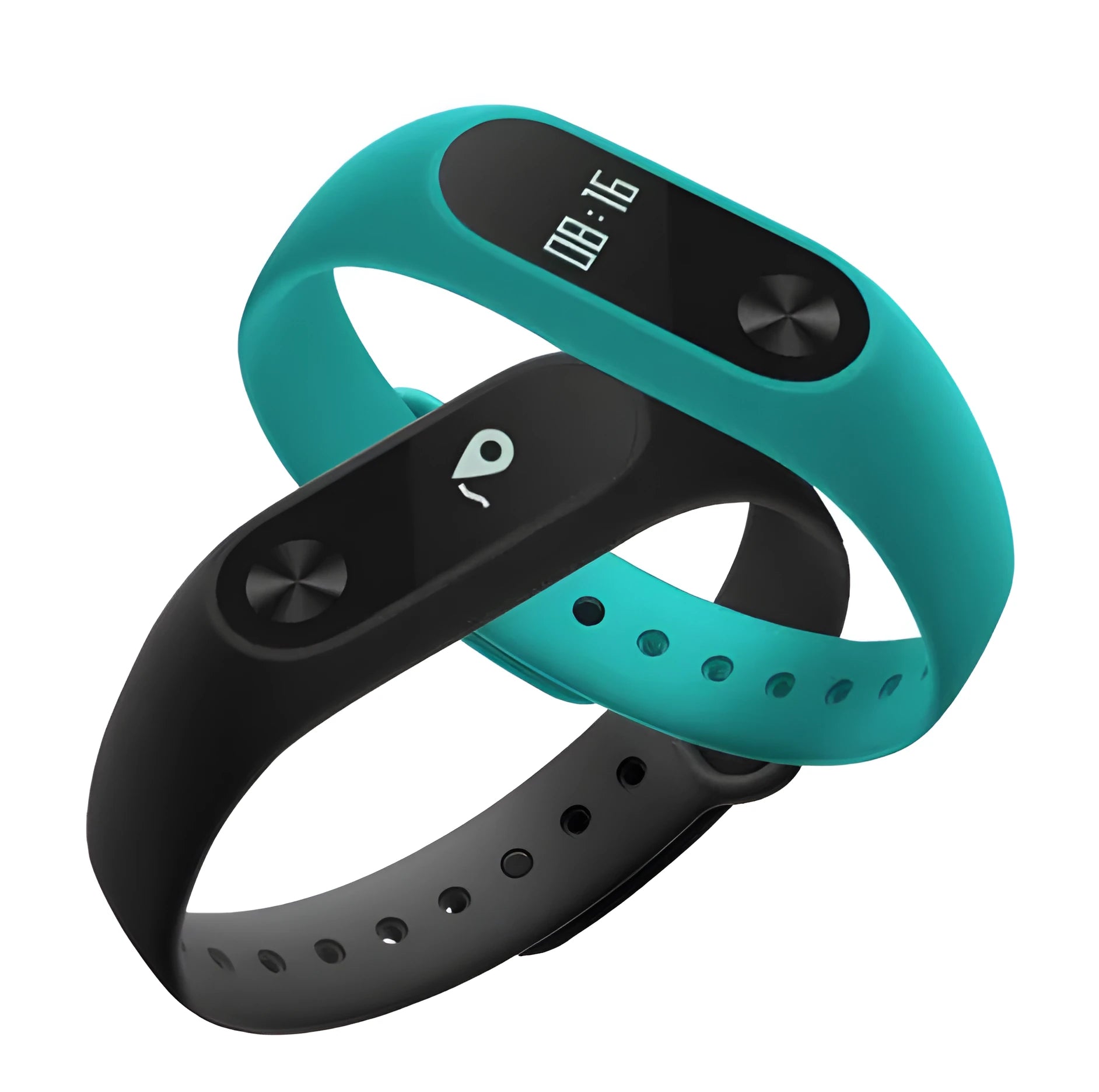 Black Xiaomi Mi Band 2 smart band with OLED display on a wrist, showing heart rate.