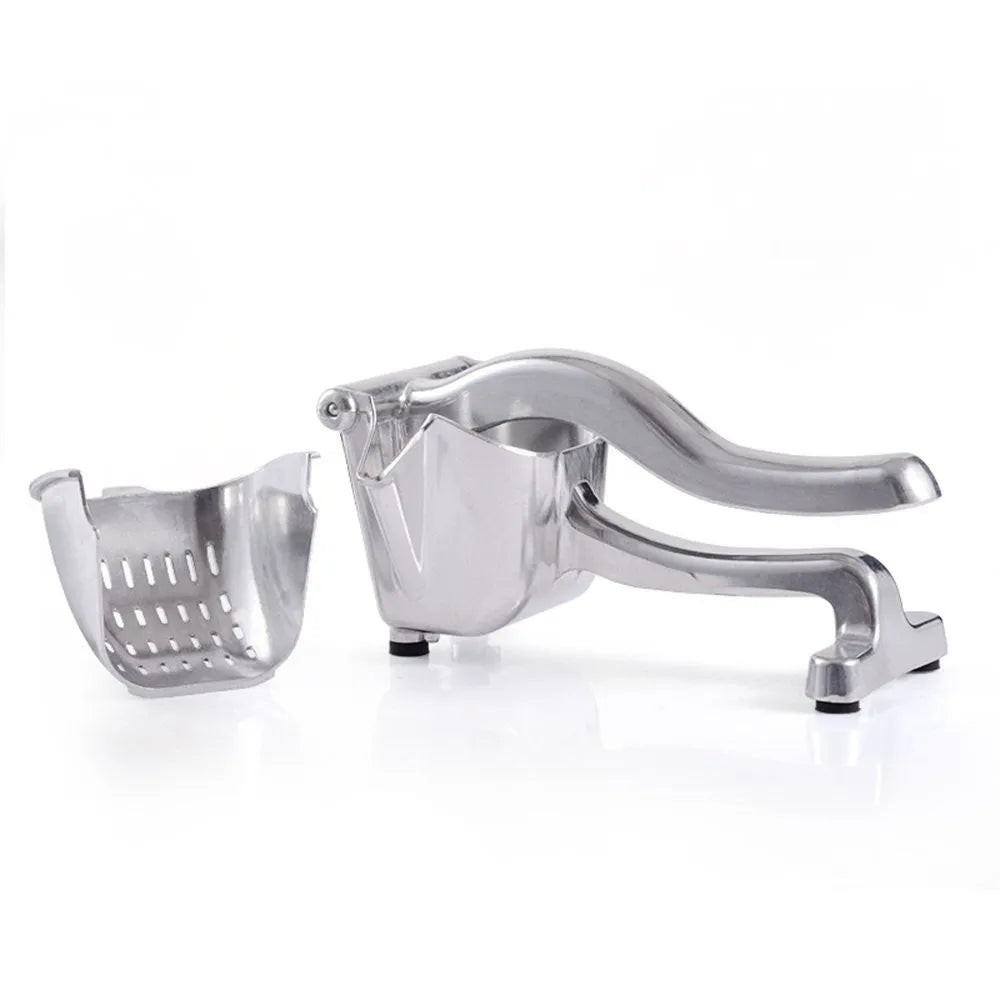 Silver heavy duty aluminium alloy lemon squeezer with extra large bowl on kitchen counter