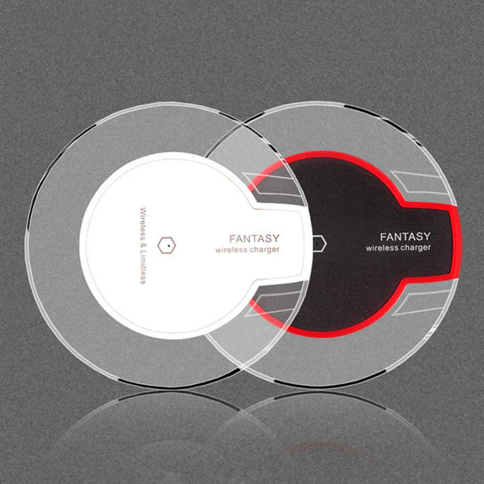 Black wireless charging pad compatible with Samsung Galaxy and iPhone smartphones