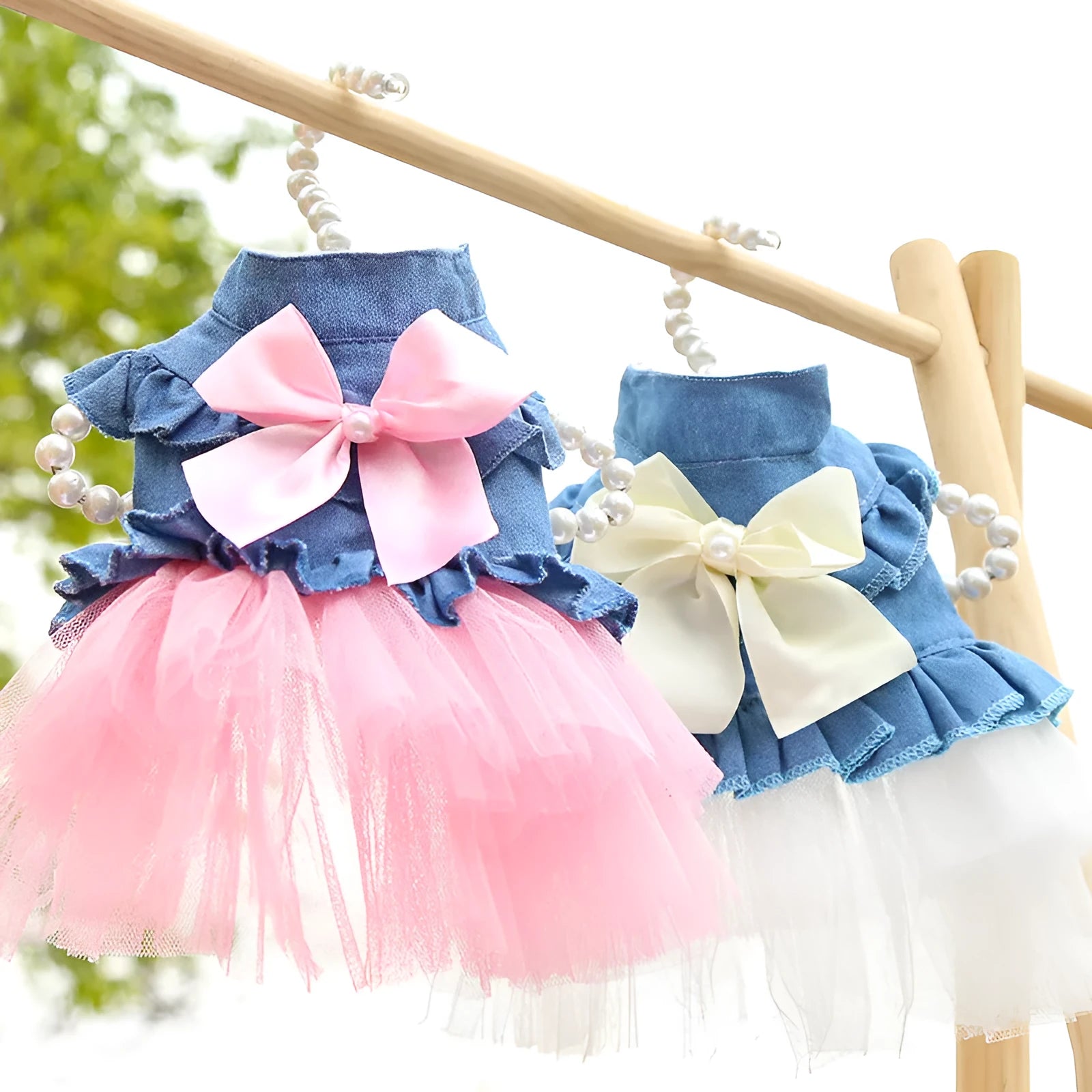 Korean pet denim skirt with creative bow design on a dog model