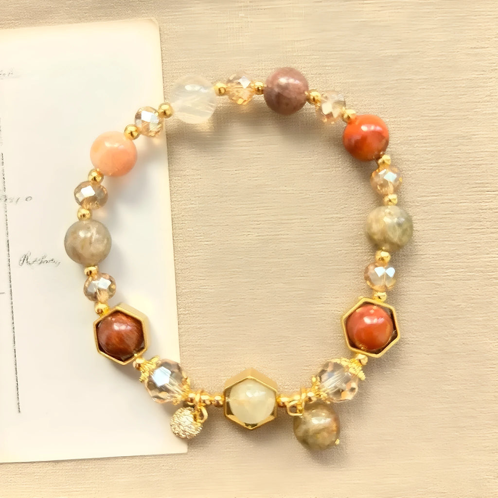 Gold-coloured crystal bracelet with auspicious symbols and 8mm constellation modelling