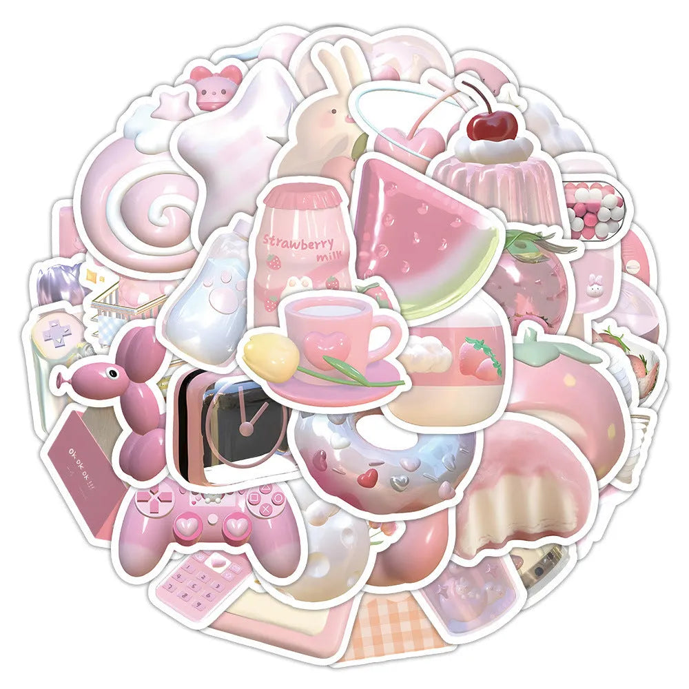 Pack of 63 cute pink girl heart 3D decorative stickers with two pattern options on a white background.