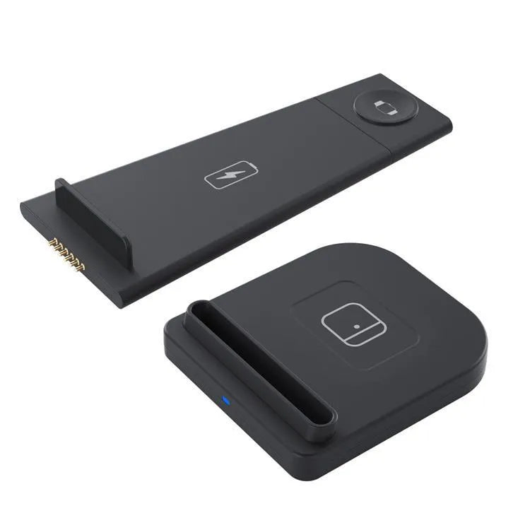 Black foldable 3-in-1 wireless charger showing phone, headphones and watch charging simultaneously