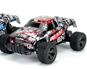 Blue 1:18 scale remote control off-road drift car with 2.4Ghz transmitter on a flat surface.