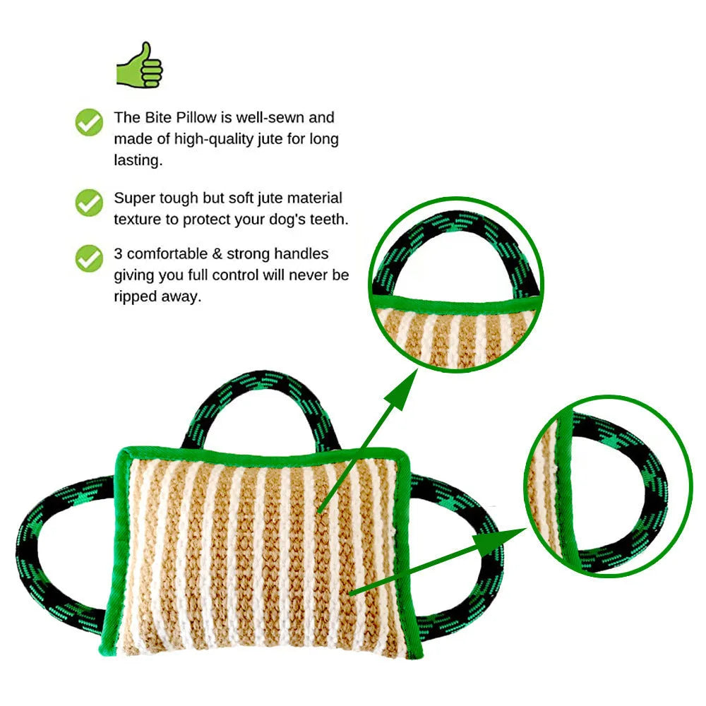 Dog rope tug toy with jute bite pillow and three handles in multiple colour options