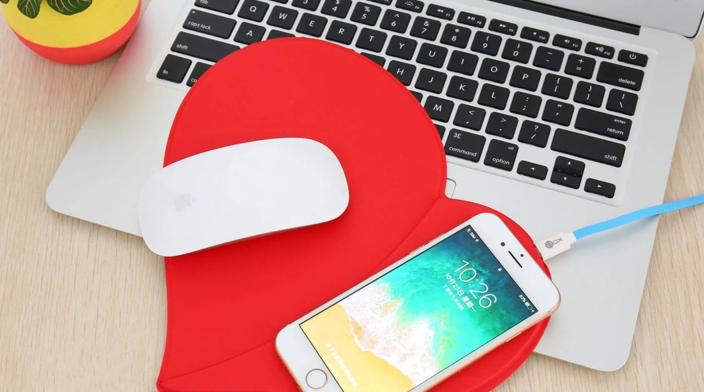Heart shaped leather wireless charging mouse pad in black with USB cable