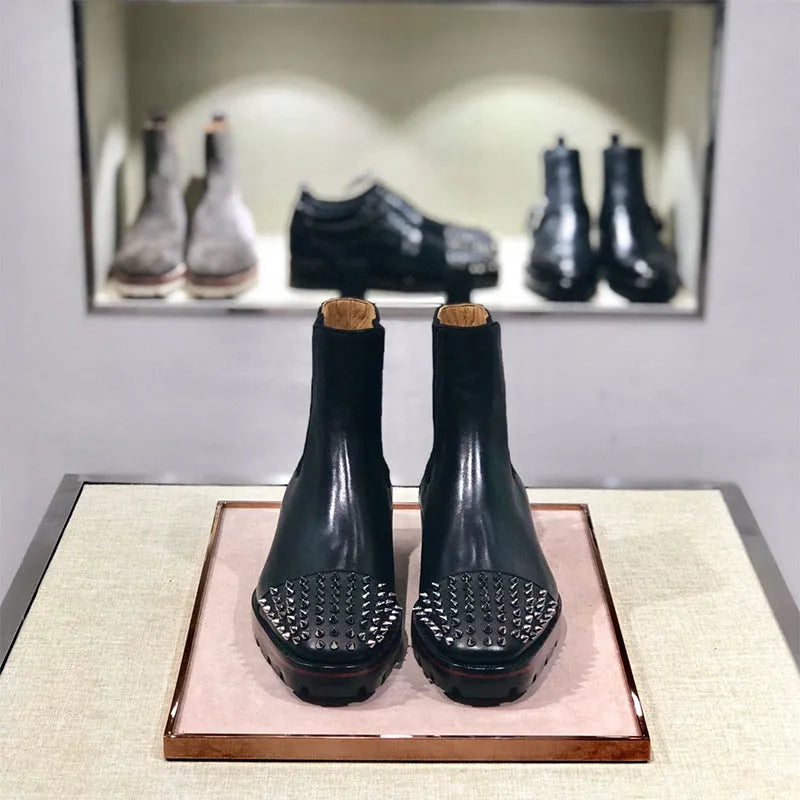 Black cowhide leather high-top business casual shoes with a leather sole.