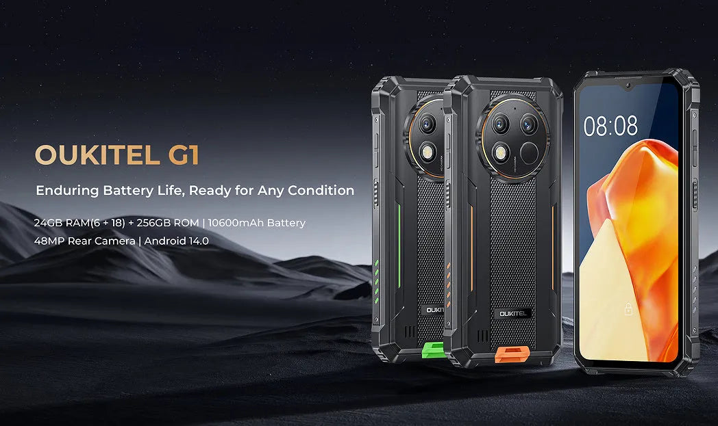 OUKITEL G1 mobile phone in green, grey, and orange colour options with charger.