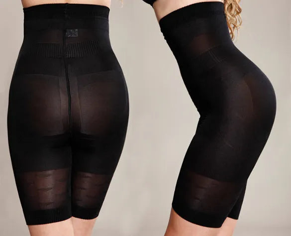 Women's black seamless high-waist shapewear shorts for tummy control.
