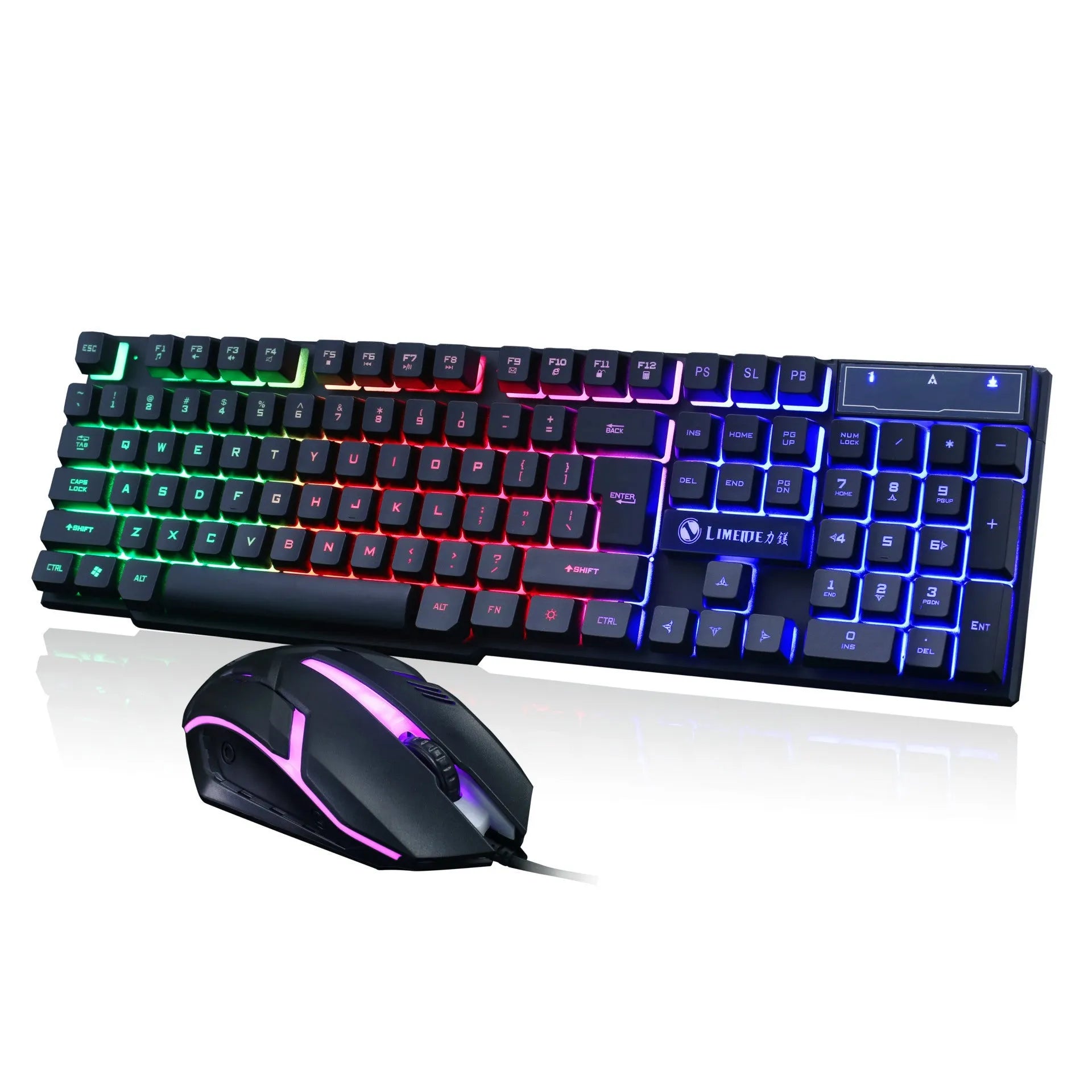 Limei Gtx300 white and black wired mechanical gaming keyboard and mouse set on a desktop.