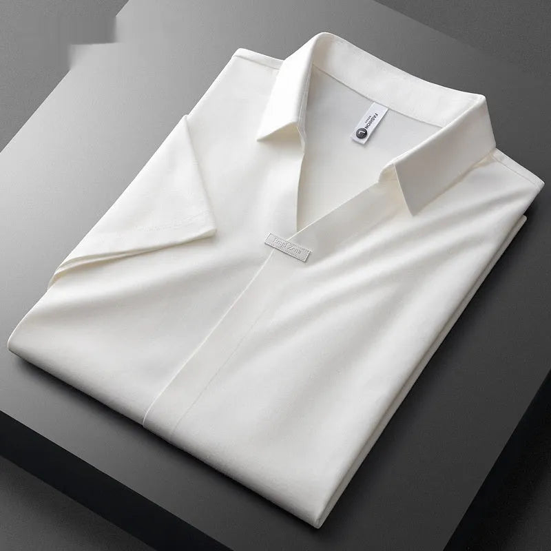 Men's short sleeve lapel polo shirt in cotton blend, slim fit, shown in black, brown, and white.