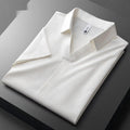 Men's short sleeve lapel polo shirt in cotton blend, slim fit, shown in black, brown, and white.