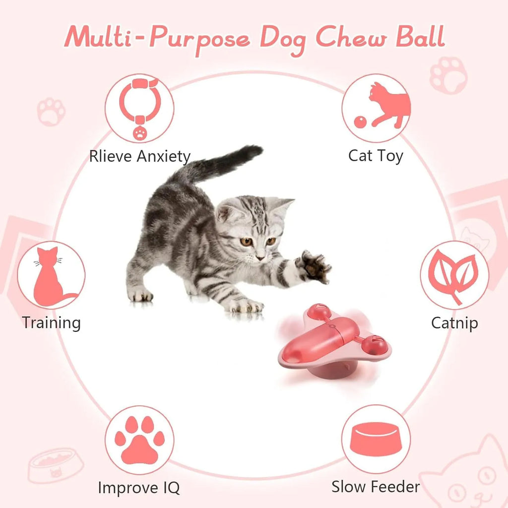 Blue interactive pet puzzle toy with spinner, bell, catnip and snack cabin on a smooth floor.