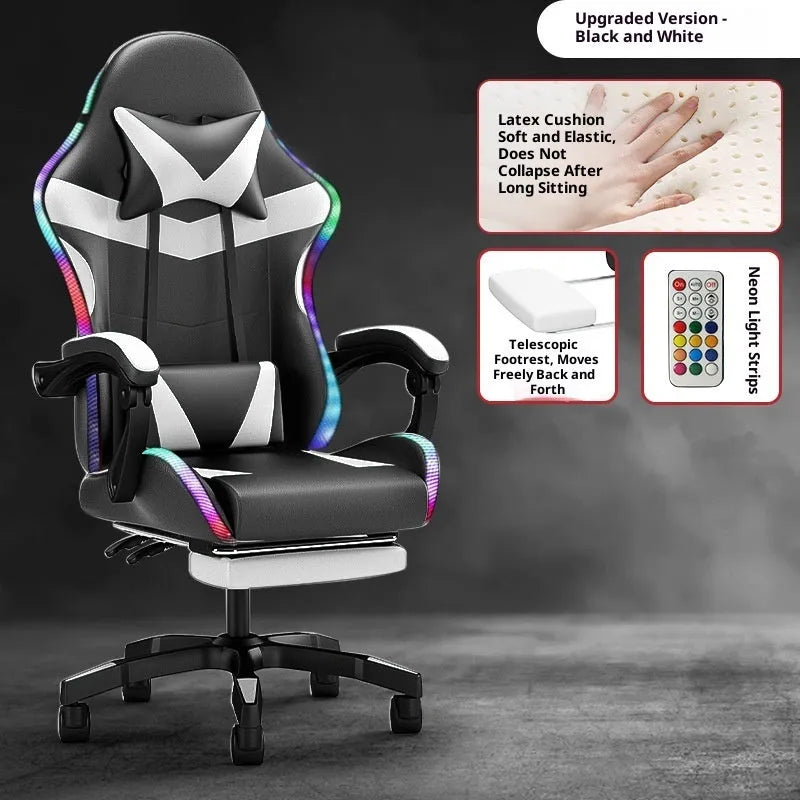 Adjustable reclining massage computer chair with footrest lights in leather for home gaming office use