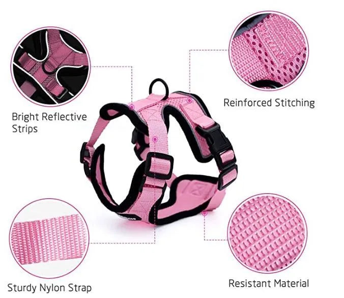 Escape proof cat vest harness in black with reflective trim and car seat belt adapter leash