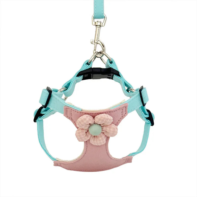 Dog hand holding rope vest small dog chest harness set in beige dots flowers with traction rope