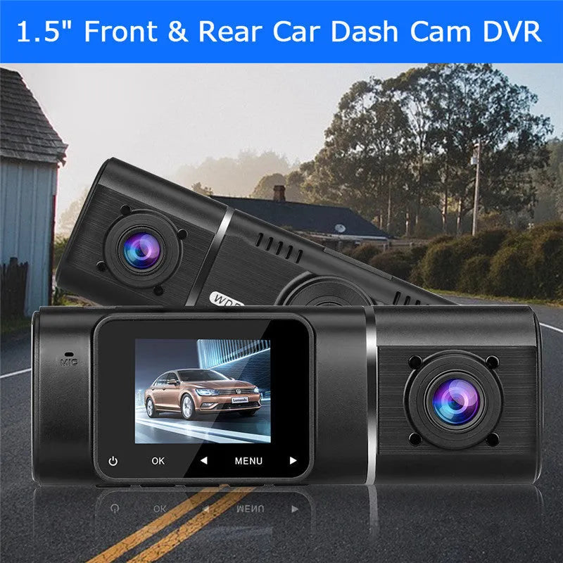 HD conjoined dual-lens car driving recorder in black with 170° wide angle and 12MP resolution on windscreen