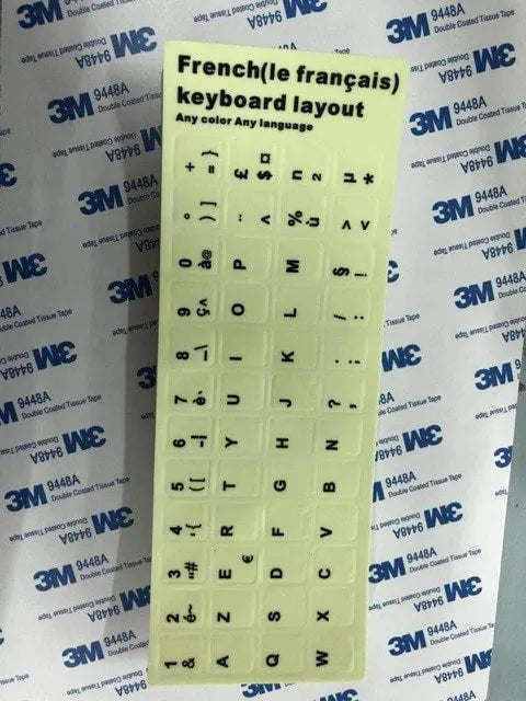 Sheet of glowing PVC keyboard stickers for Arabic, Thai, Hebrew, French, Italian and German languages