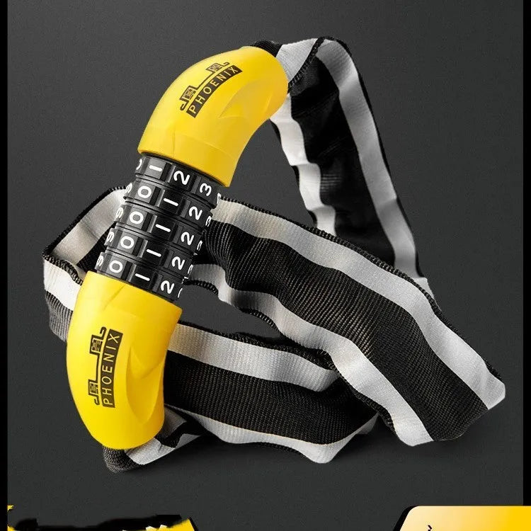 A black and a yellow 95cm zinc alloy chain lock for mountain bikes, showing both combination dial and key chain versions.