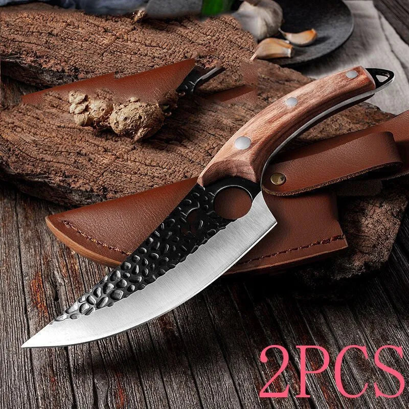 Scimitar-style butcher knife with hammer pattern blade and brown leather sheath.