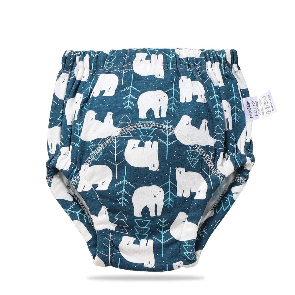 Baby training learning pants in cotton gauze with TPU waterproof layer, shown in panda print on white background