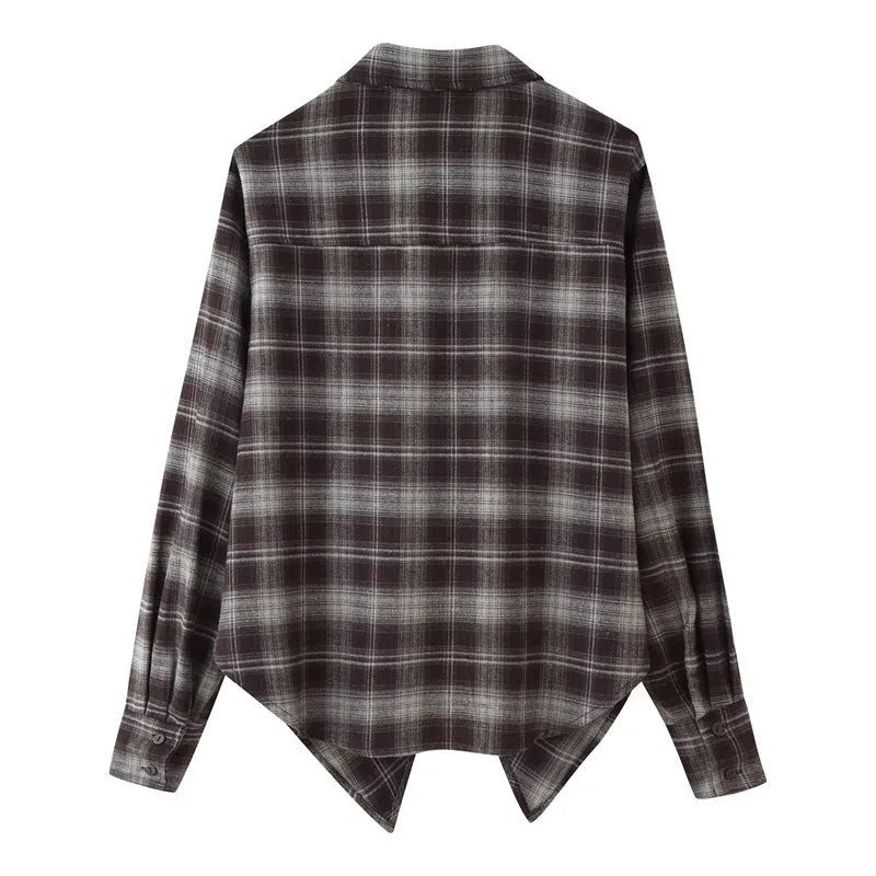 Women's loose lapels long sleeves plaid shirt in picture colour with button detail and plant flower pattern