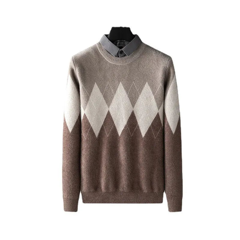 Men's diamond block imitation mink bottoming shirt in camel color for casual leisure wear