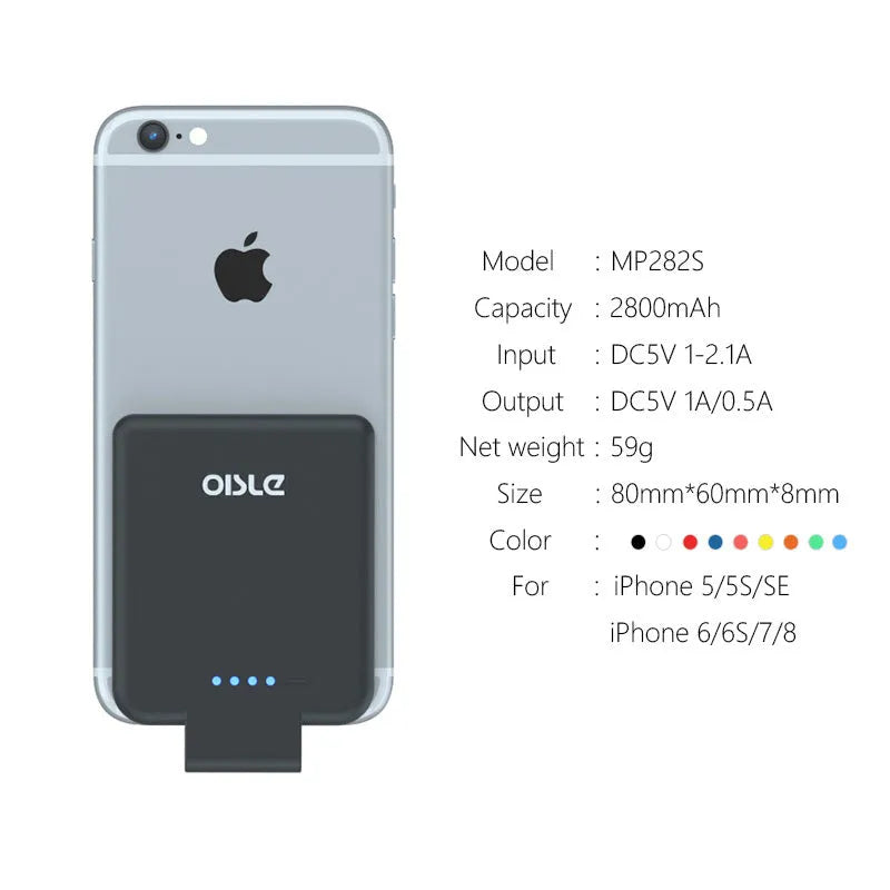 MP282P back clip battery power bank in multiple colours next to a smartphone.