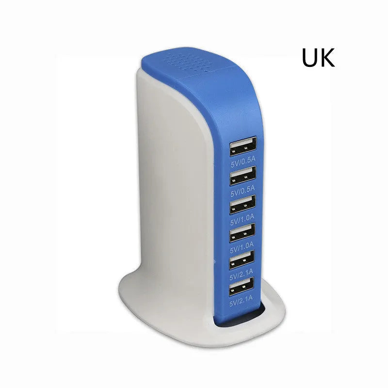 30W vertical 6-port USB charger with UK plug, black, 77x65x110mm