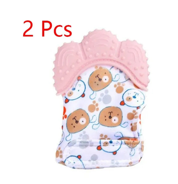 Baby silicone teething glove with Velcro strap in a smiley face yellow design.