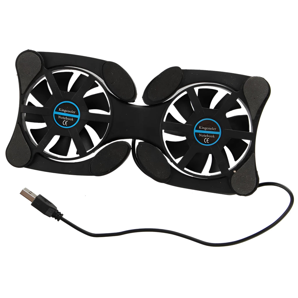 Portable folding black laptop cooling pad with dual 70mm fans and anti-slip surface