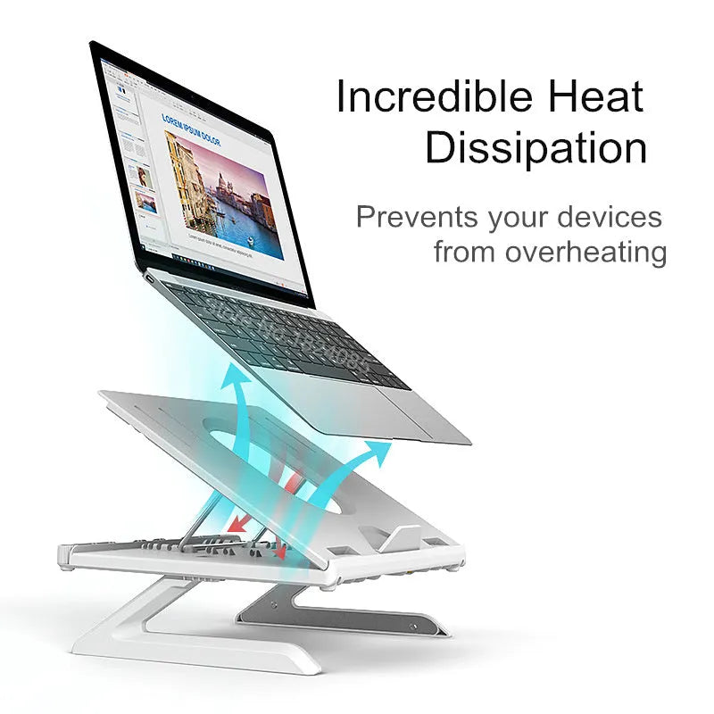 Folding laptop stand with 9 adjustable heights, anti-slip panel and phone holders, in black or white.