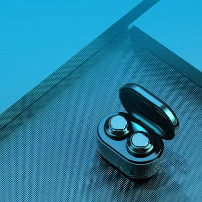 Black in-ear stereo Bluetooth wireless headset with silicone ear tips displayed on a dark background.