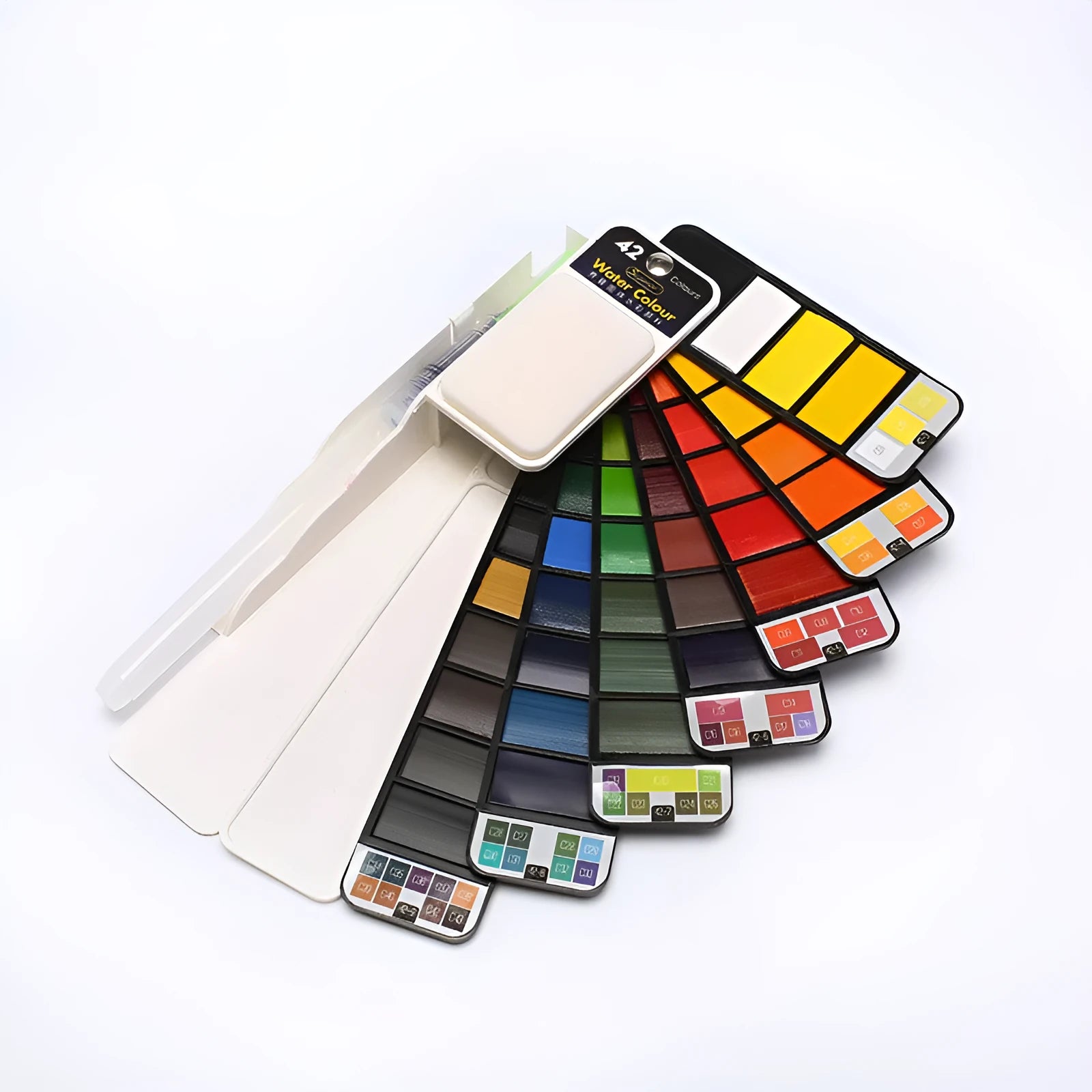 Fan-shaped foldable solid watercolour paint set in transparent box with fountain pen