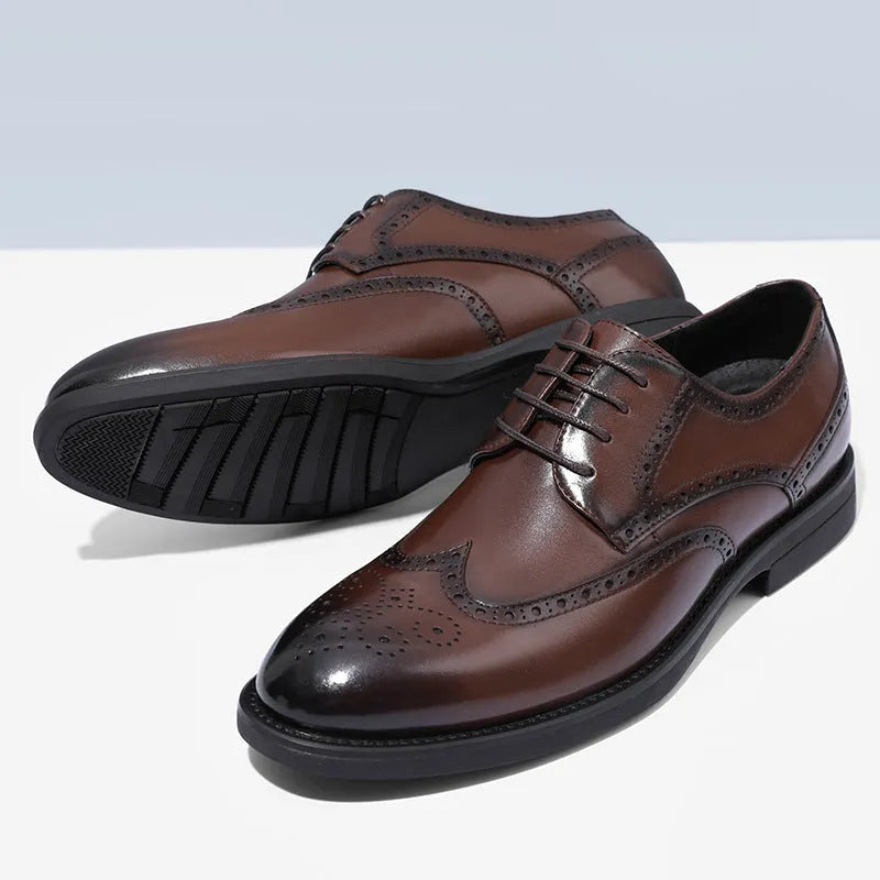Men's black and brown brogue style shoes with a PU leather upper for business wear.