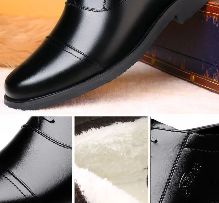 Winter real leather fleece lining men's casual cotton shoes black colour with rubber sole