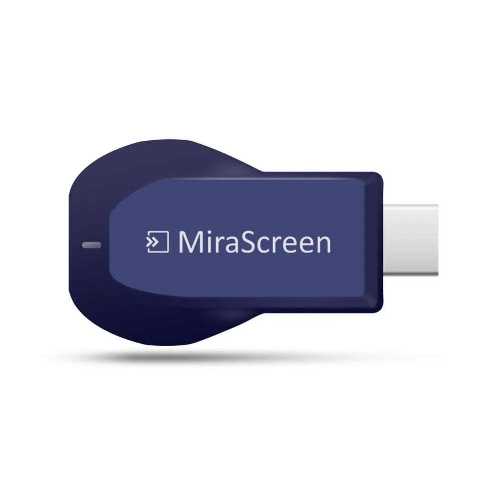 Small white wireless HDMI dongle receiver with USB cable for screen mirroring