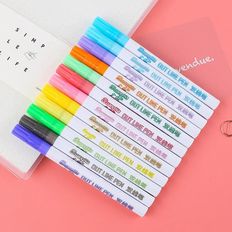 Set of colourful highlighter pens with plastic nibs and water-based ink, showing 1-2mm line width on paper