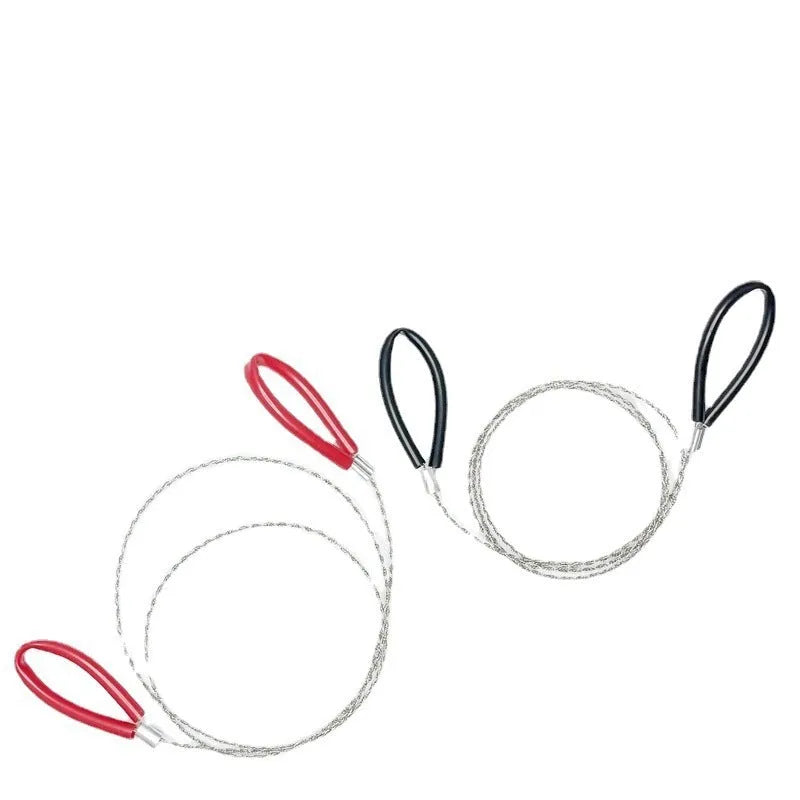 A black or red coiled stainless steel wire survival saw with a total length of 70cm.