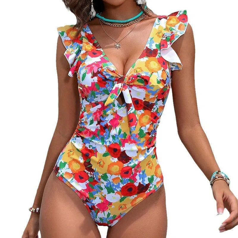 Women's printed one-piece conservative swimsuit for hot springs and swimming