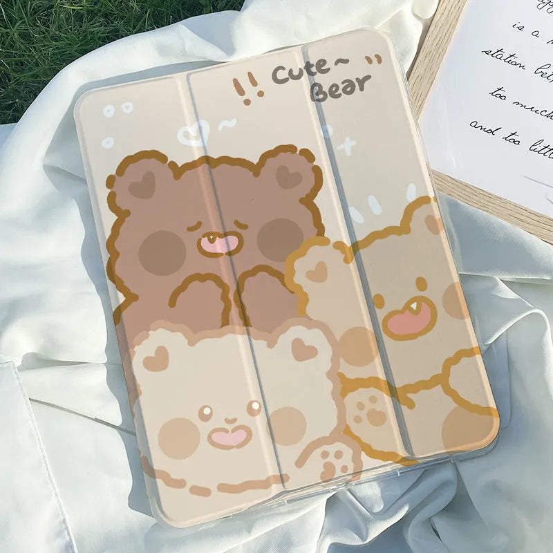 Silicone tri-fold protective case for iPad in cartoon Rabbit design on a tablet.