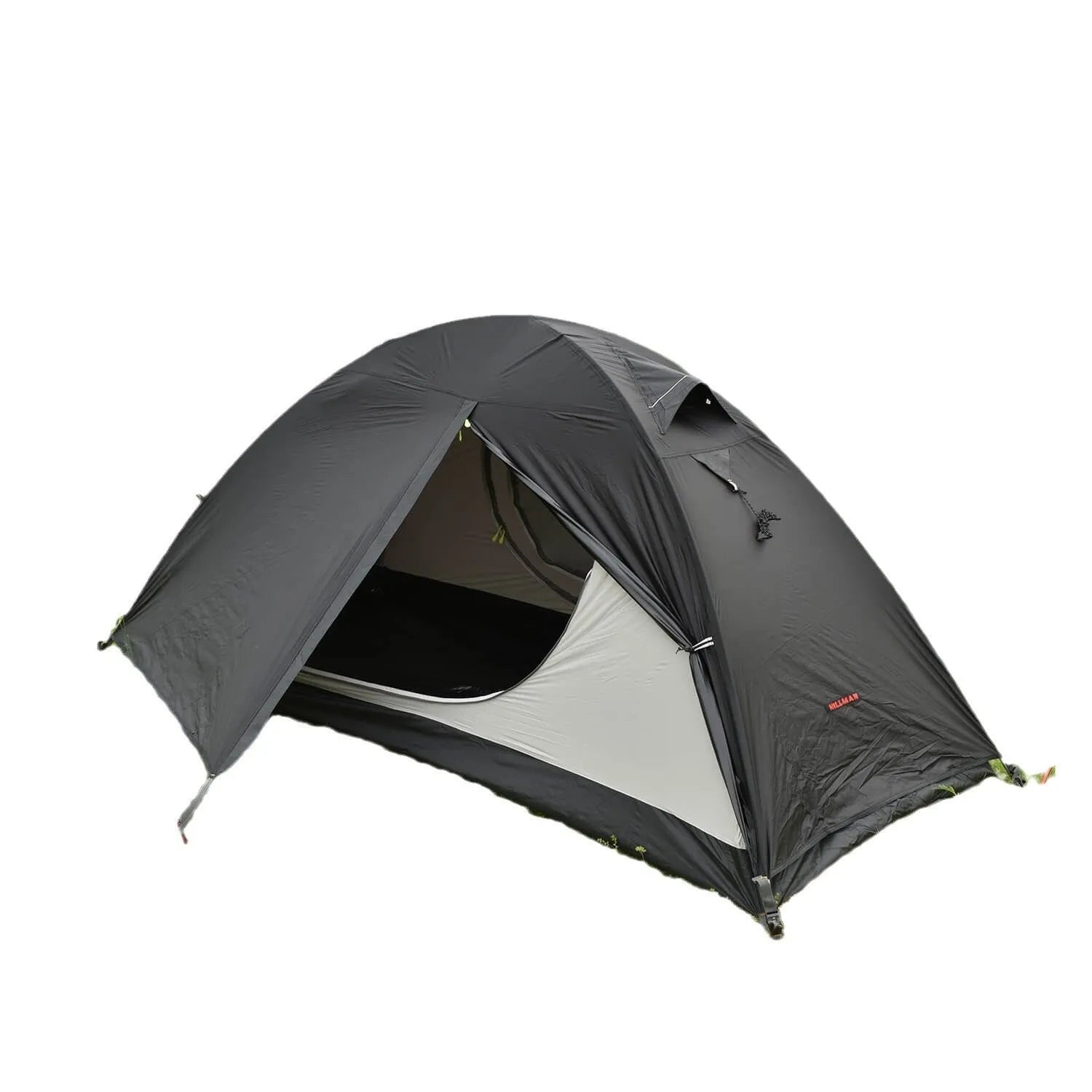 Single-person double-skin hiking tent in orange with aluminium poles, shown pitched in a field.