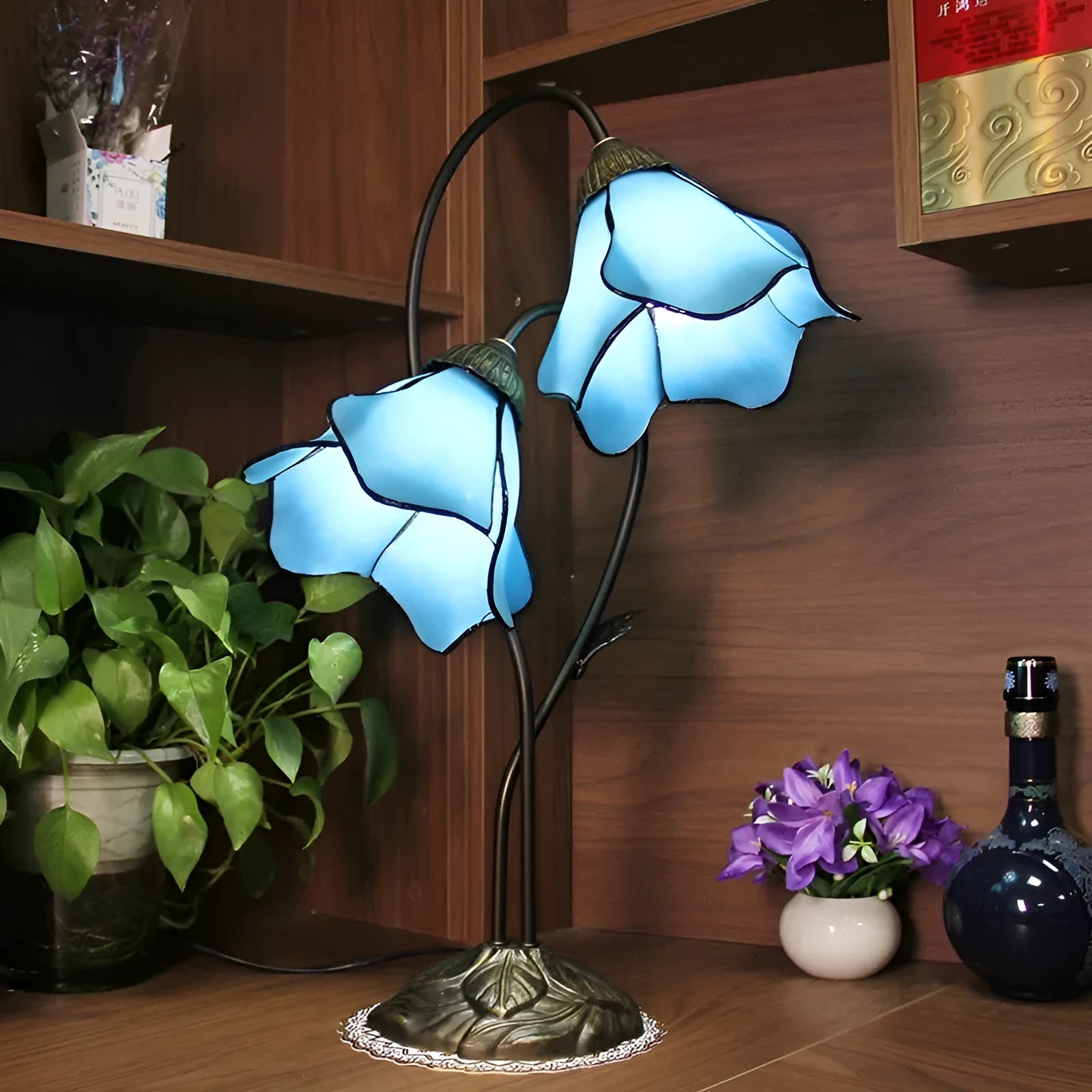 American retro classical table lamp with glass lotus flower head in choice of twelve colours and styles